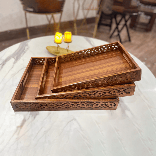 (pack of 3) Wooden Serving Tray Set with handles Wood Serving Trays for Tea Coffee Food Platter
