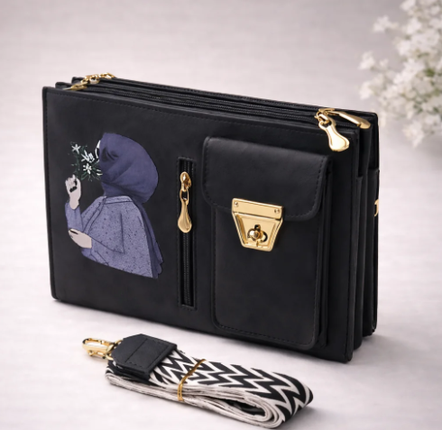 The Bag Master Signature Illustrated Multi-Compartment Crossbody Bag with Detachable Geometric Patterned Straps ( BLACK)