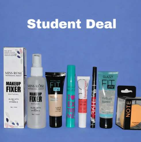 Student Makeup Deal - Makeup Fixer, Foundation (Random Shade), Mascar (Random Color) Liquid Blush, Eyeliner, Primer, Blender (Random Color)