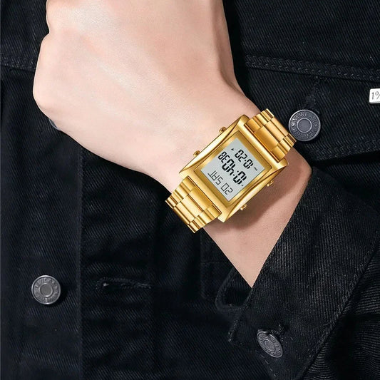 Skmei Men’s Digital Square Watch – Stainless Steel Chain, Quartz Movement, Without box - Golden