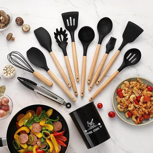 12 Pcs Silicone Cooking Utensils Kitchen Utensil Set | Heat Resistant Kitchen Non toxic Spatula Set with Turner Tongs,Spoon,Brush,Whisk-Wooden Handle - Random Color
