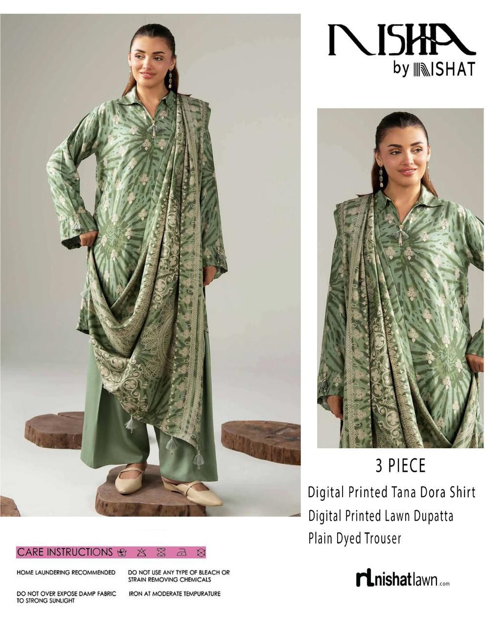 Nishat &nbsp;Printed Lawn Tana Dora Shirt Plain Dyed Trouser With Printed Lawn Dupatta