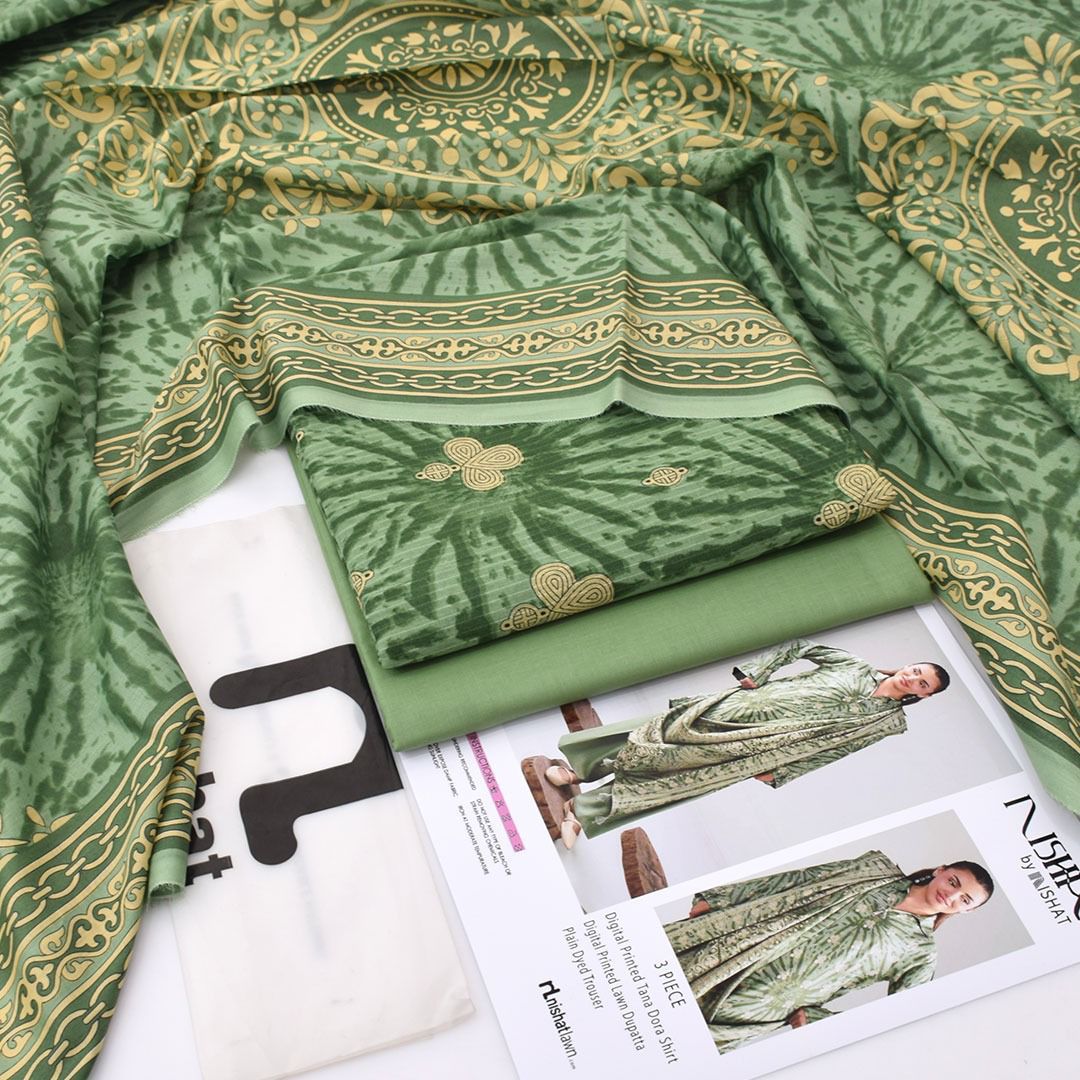 Nishat &nbsp;Printed Lawn Tana Dora Shirt Plain Dyed Trouser With Printed Lawn Dupatta