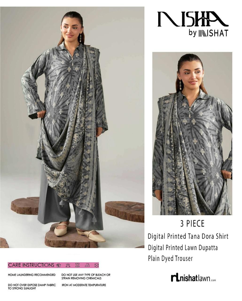 Nishat &nbsp;Printed Lawn Tana Dora Shirt Plain Dyed Trouser With Printed Lawn Dupatta