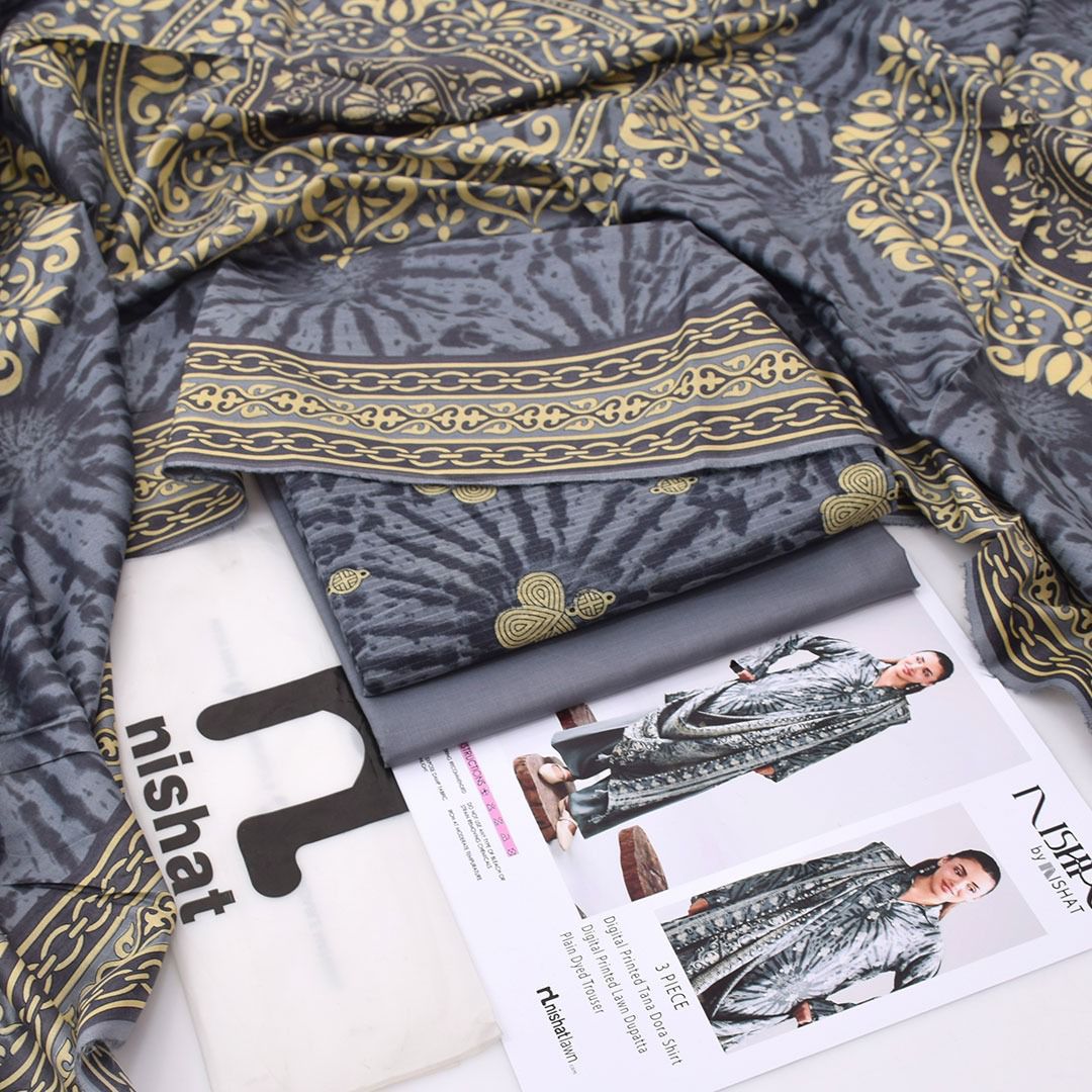 Nishat &nbsp;Printed Lawn Tana Dora Shirt Plain Dyed Trouser With Printed Lawn Dupatta
