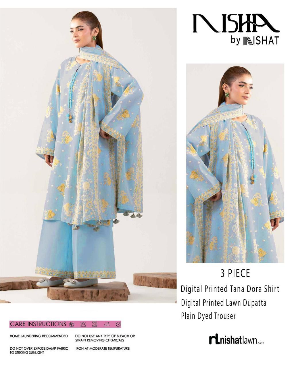 Nishat &nbsp;Printed Lawn Tana Dora Shirt Plain Dyed Trouser With Printed Lawn Dupatta