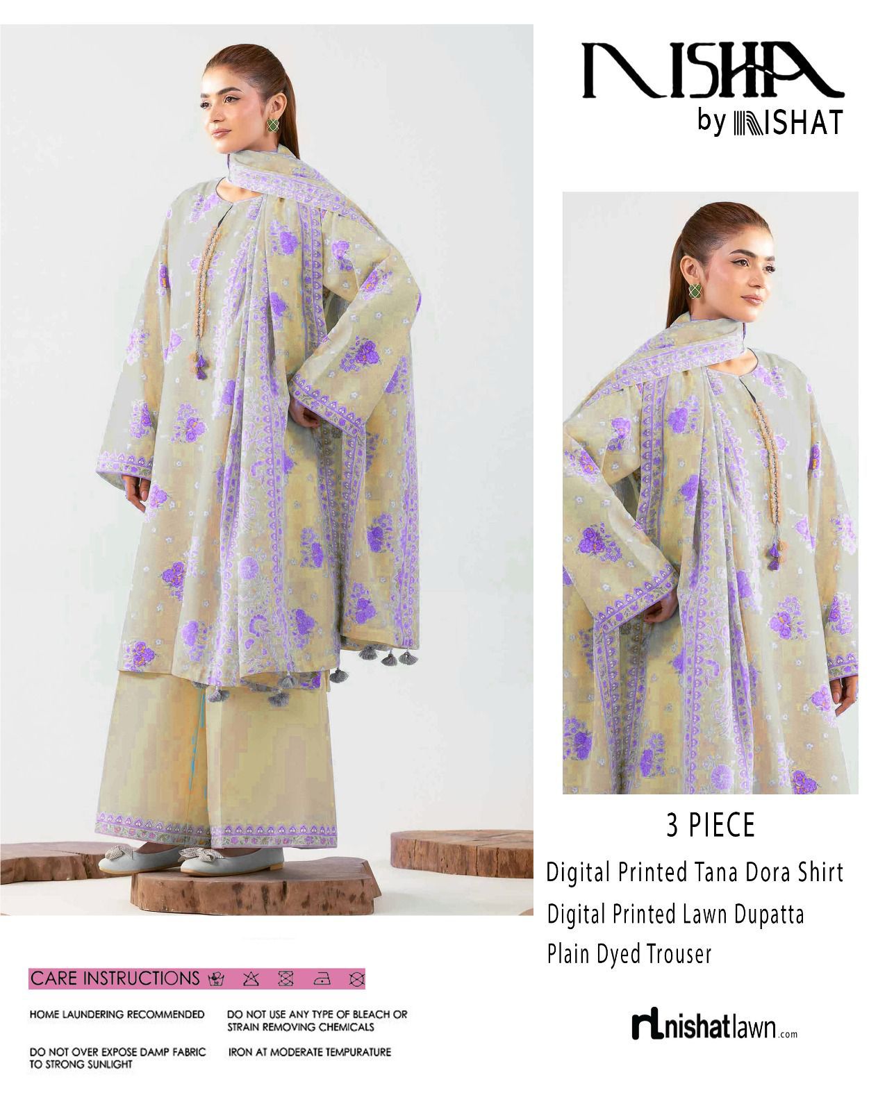 Nishat &nbsp;Printed Lawn Tana Dora Shirt Plain Dyed Trouser With Printed Lawn Dupatta