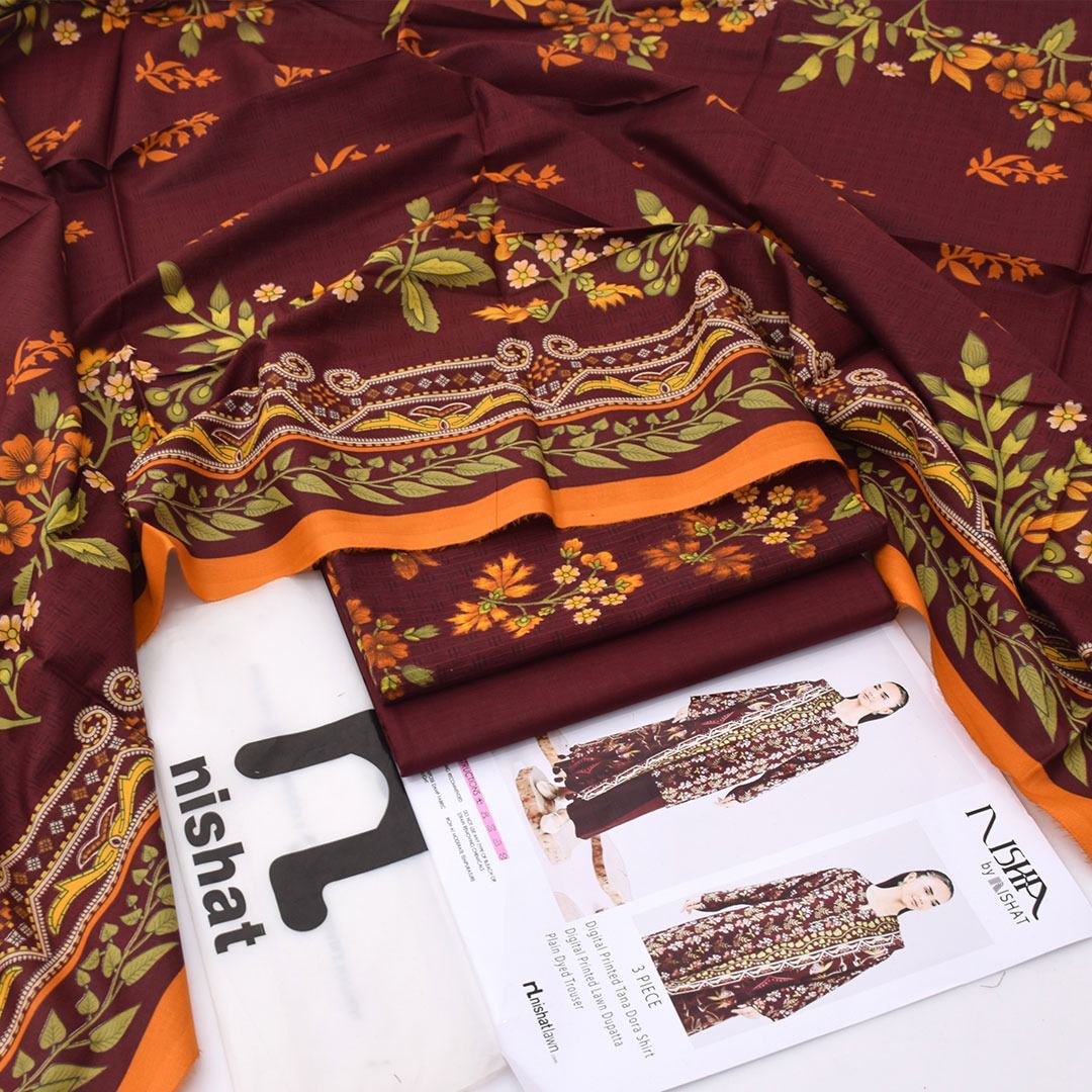 Nishat &nbsp;Printed Lawn Tana Dora Shirt Plain Dyed Trouser With Printed Lawn Dupatta