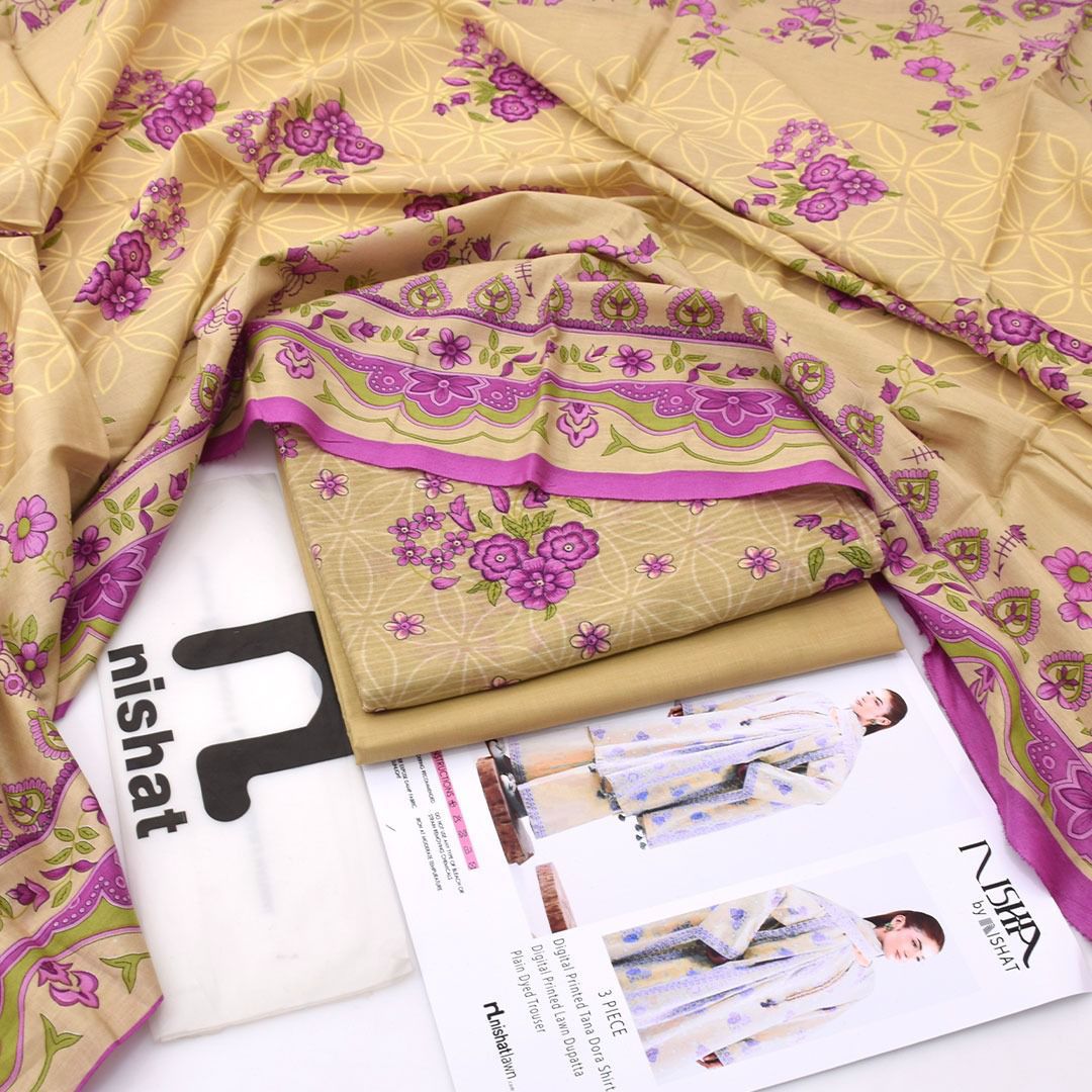 Nishat &nbsp;Printed Lawn Tana Dora Shirt Plain Dyed Trouser With Printed Lawn Dupatta
