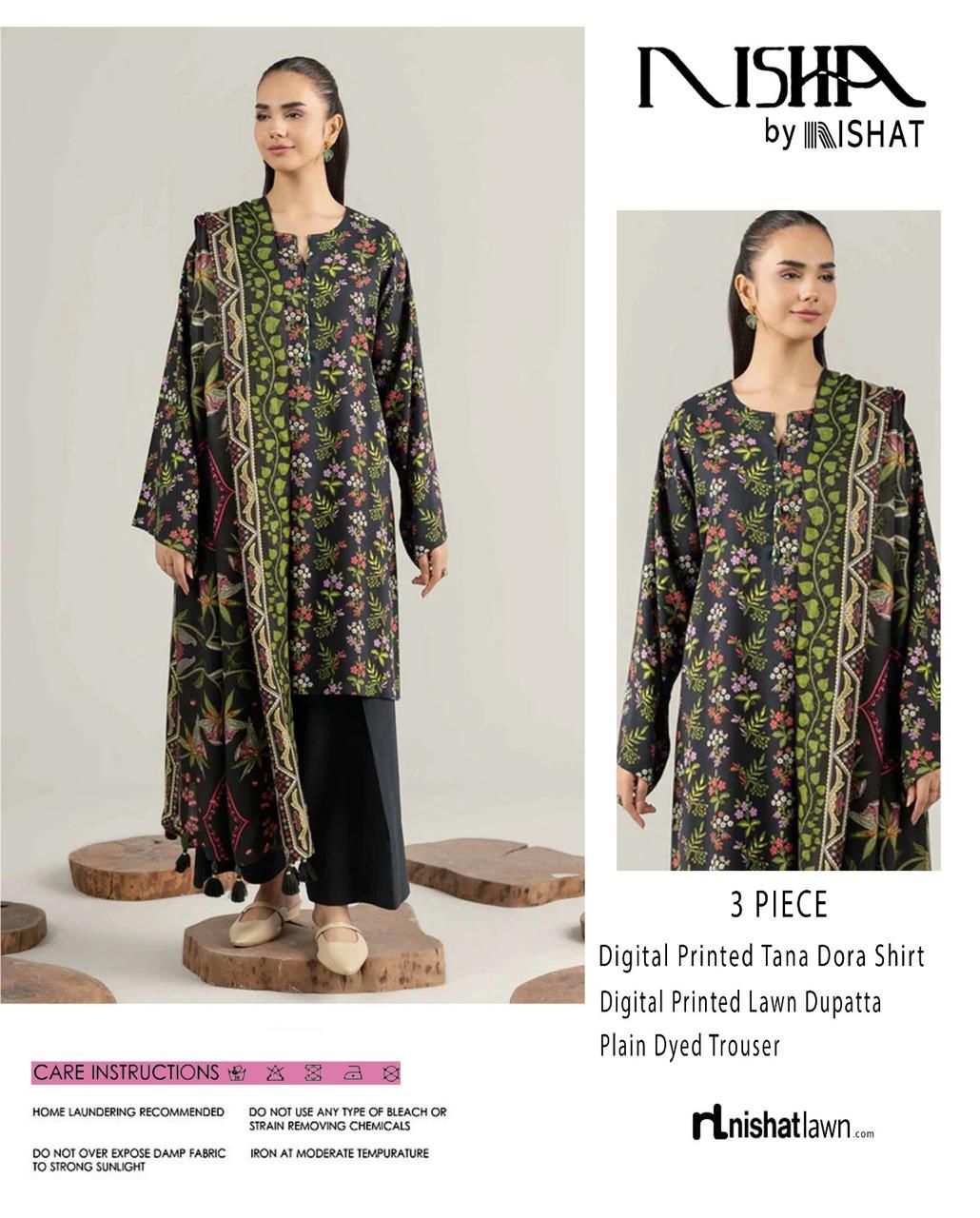 Nishat &nbsp;Printed Lawn Tana Dora Shirt Plain Dyed Trouser With Printed Lawn Dupatta