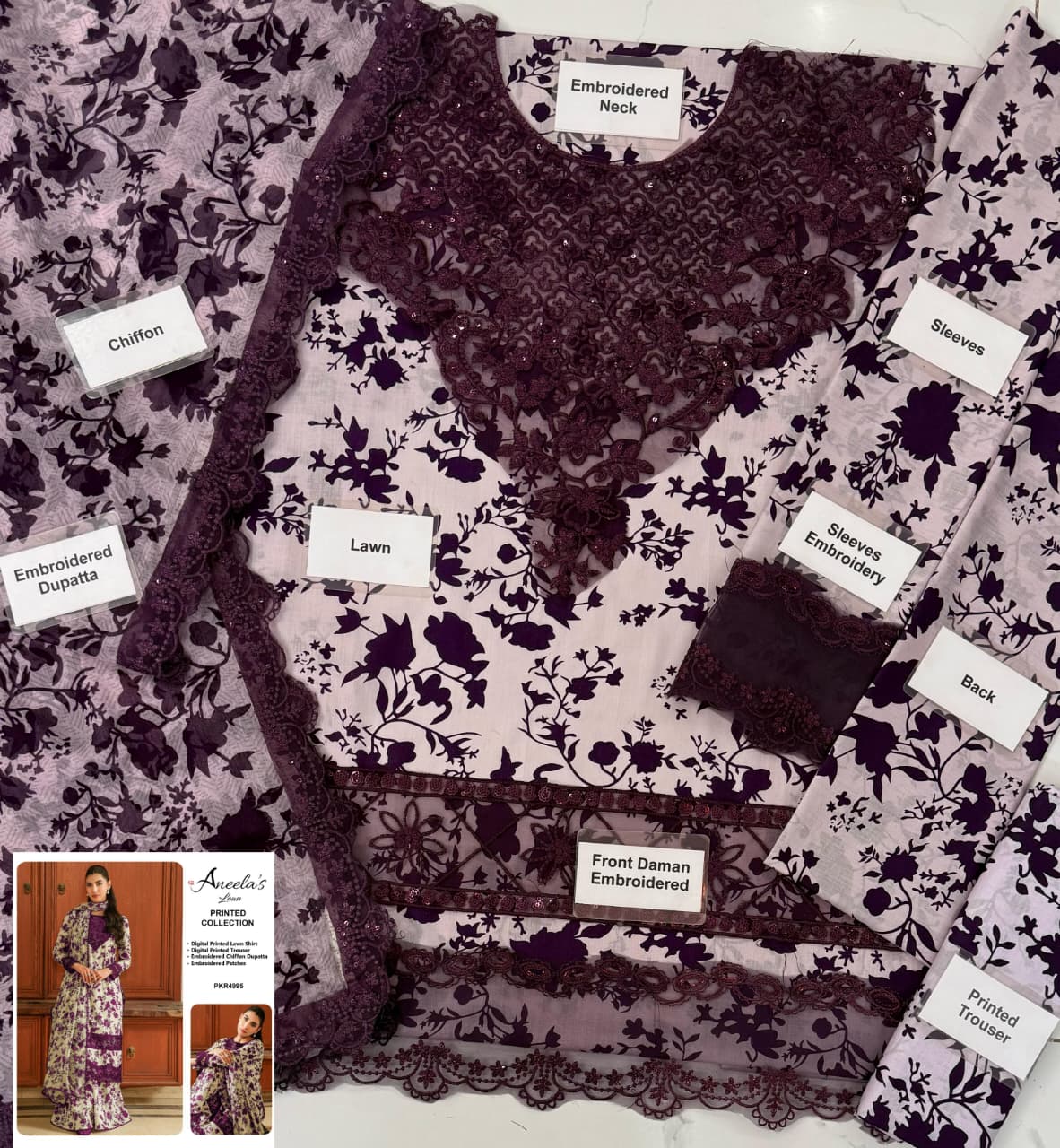 ☆Brand Name : Aneela’s Collection☆  ☆Fabric Details : Lawn  Chiffon☆