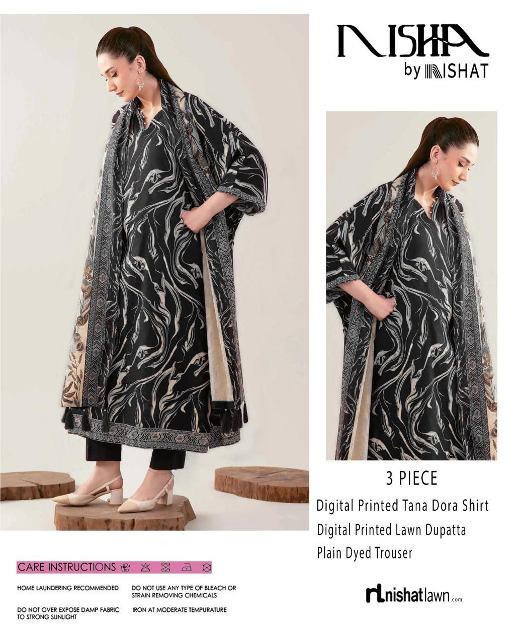 Nishat &nbsp;Printed Lawn Tana Dora Shirt Plain Dyed Trouser With Printed Lawn Dupatta