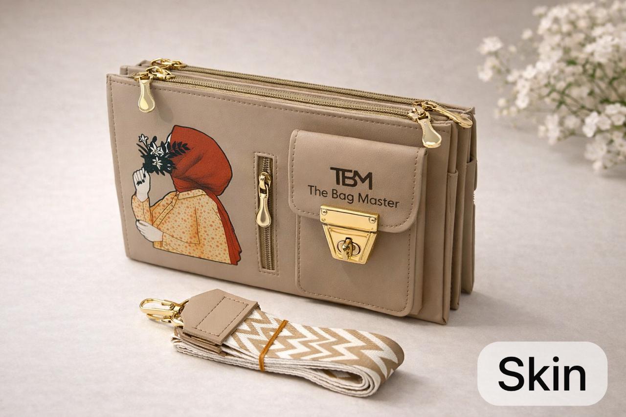 The Bag Master Signature Illustrated Multi-Compartment Crossbody Bag with Detachable Geometric Patterned Straps ( BLACK)