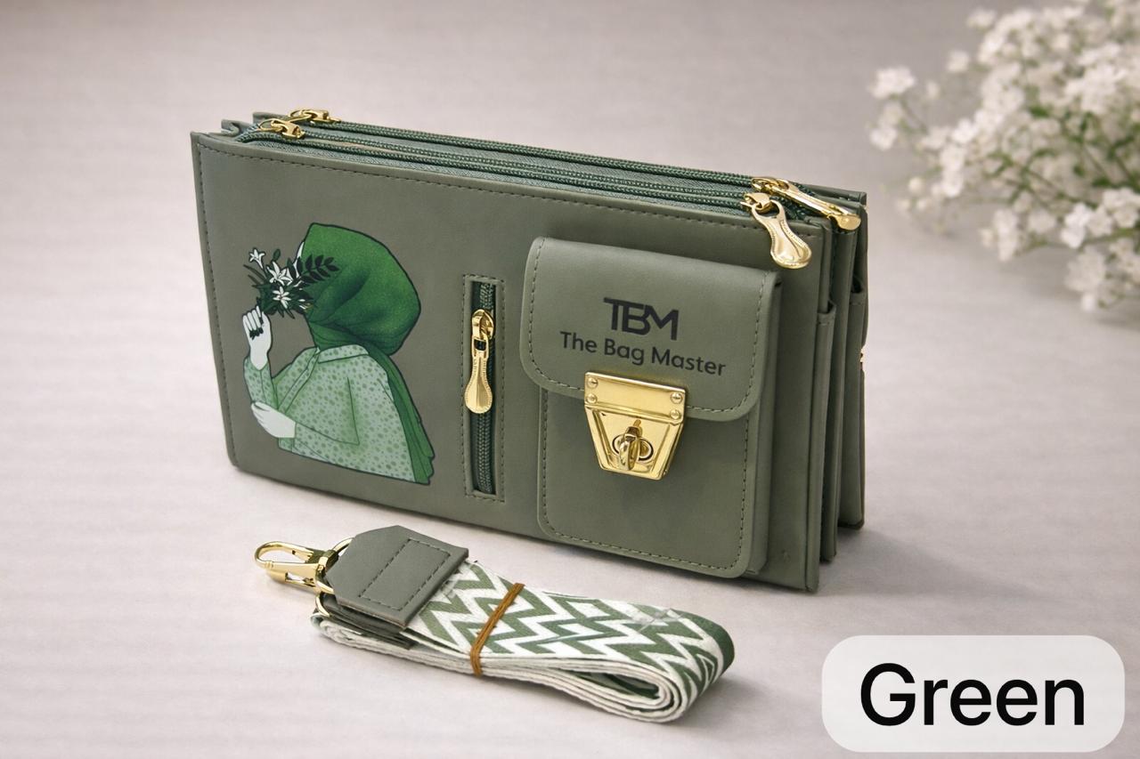 The Bag Master Signature Illustrated Multi-Compartment Crossbody Bag with Detachable Geometric Patterned Straps ( BLACK)