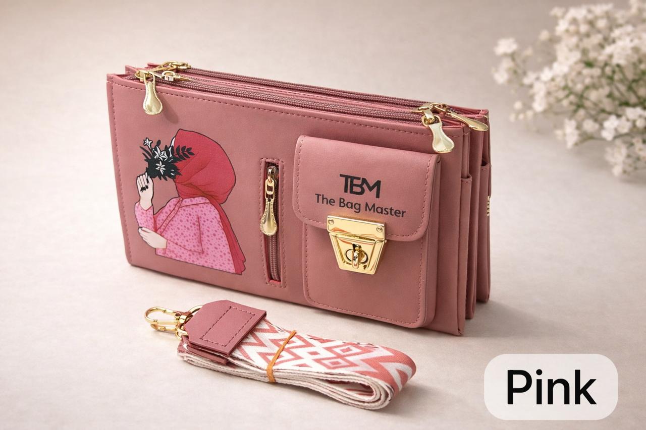 The Bag Master Signature Illustrated Multi-Compartment Crossbody Bag with Detachable Geometric Patterned Straps ( BLACK)