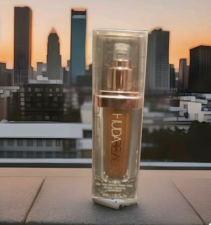 Huda Beauty N.Y.M.P.H. All Over Body Highlighter – Liquid Illuminator for Face, Body &amp; Legs – Water-Based, Long-Lasting Glow – 35 ml